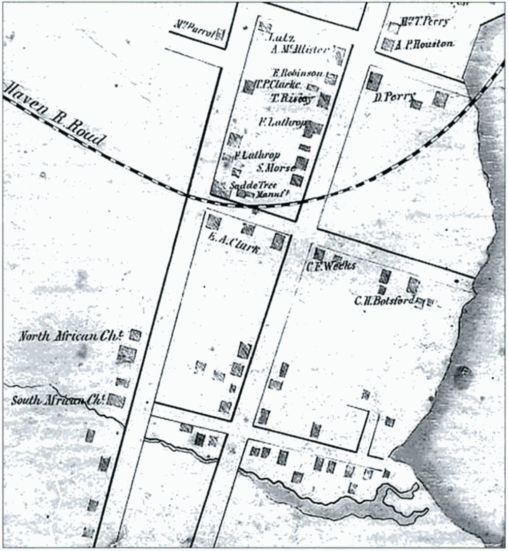 1850 map of Bridgeport's South End showing streets, the shoreline, and buildings labeled North African Church and South African Church